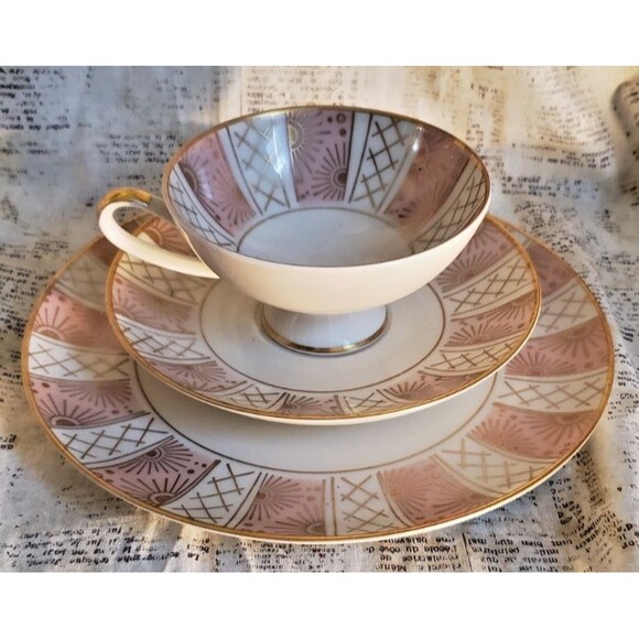 Vintage Alka (Alboth & Kaiser) 3 pc set Pink and Gold Art Deco Fan & Crosshatch